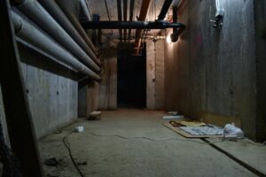 A person places a small radon test kit on a finished basement floor next to a cozy seating area.
